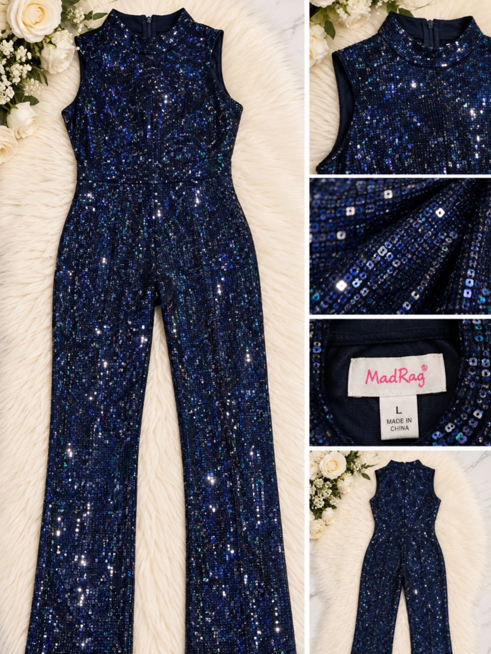 MadRag Navy Blue Sequin Sparkle Jumpsuit NWT Size L.